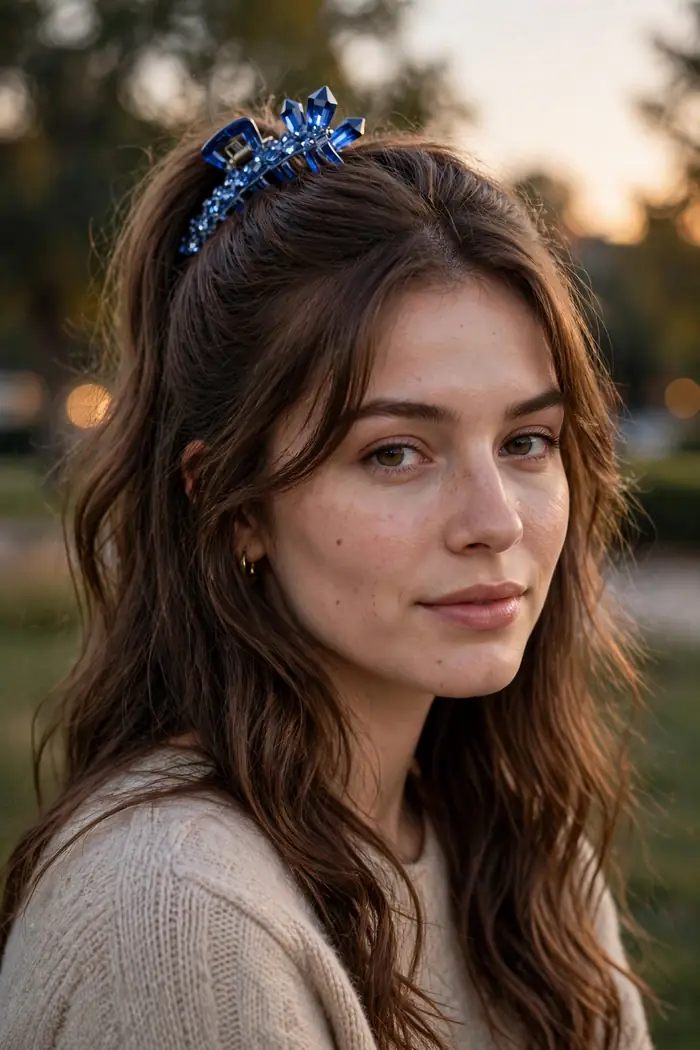 half-up hairstyle wearing a sapphire blue sparkle claw clip