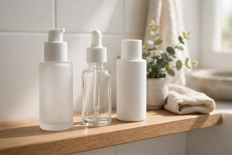 Minimal fragrance-free skincare products lined up on a shelf