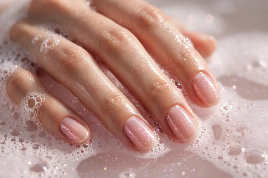 Milky pink bubble bath nails with fine shimmer on real hands