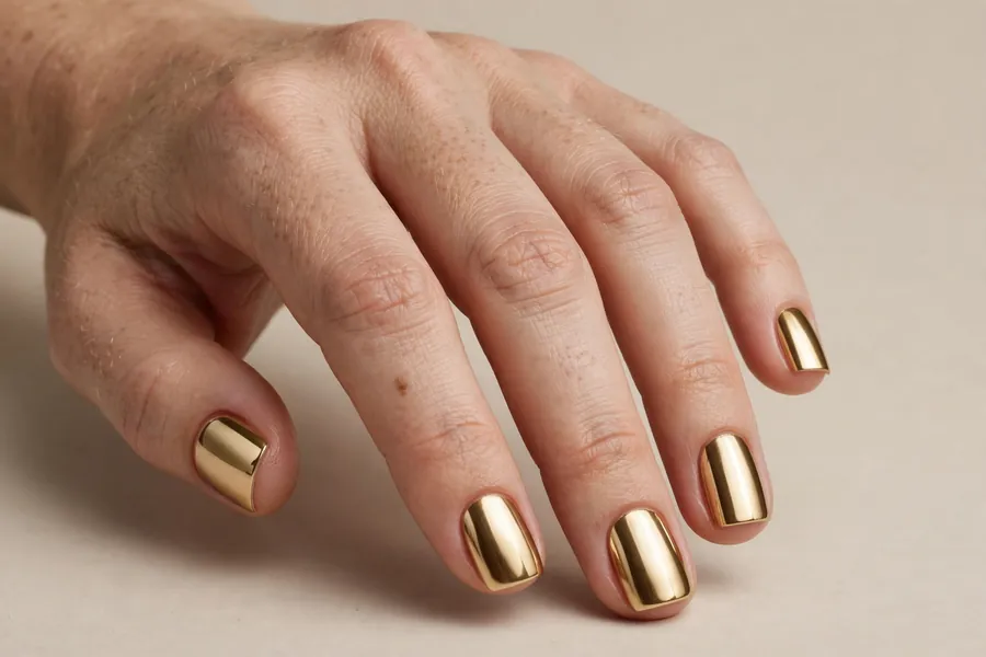 Hand with short square gold chrome nails
