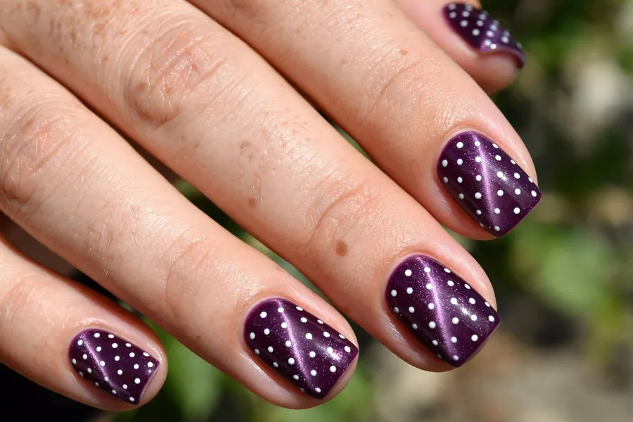 Short square polka dot cat eye nails with a plum base and white dots