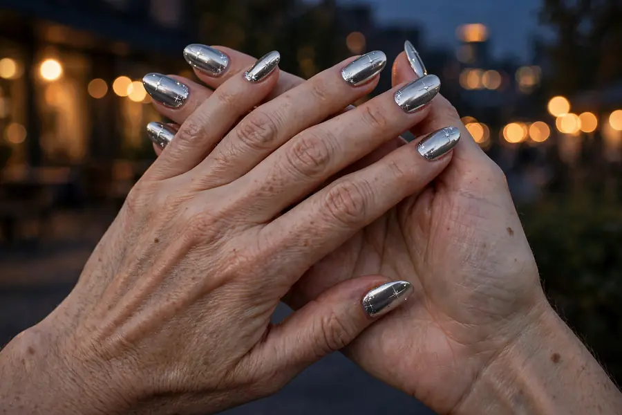 Silver starlight sparkle chrome nails on real hands under evening lights