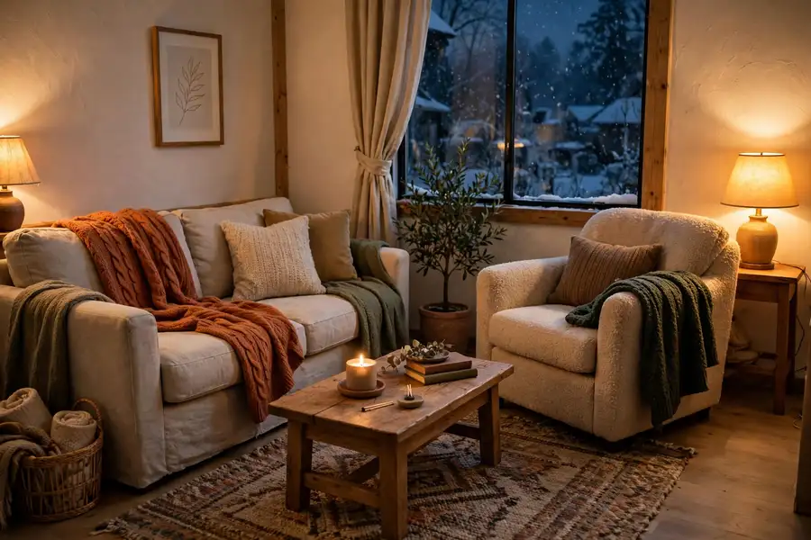 small cozy living room with seating arranged around a rug and coffee table