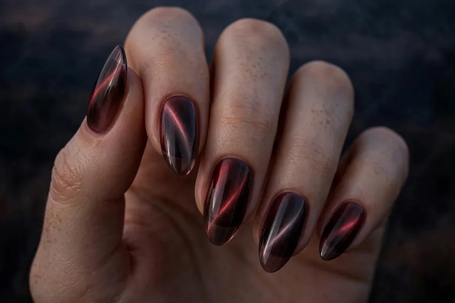 Smoky quartz sheer dark red cat eye nails