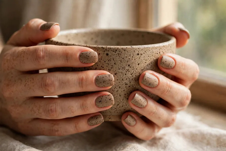 Speckled clay stone effect earthy nails on real hands
