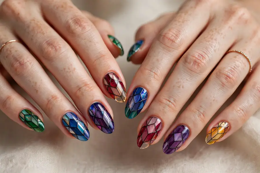 Stained glass mosaic nail art on real hands