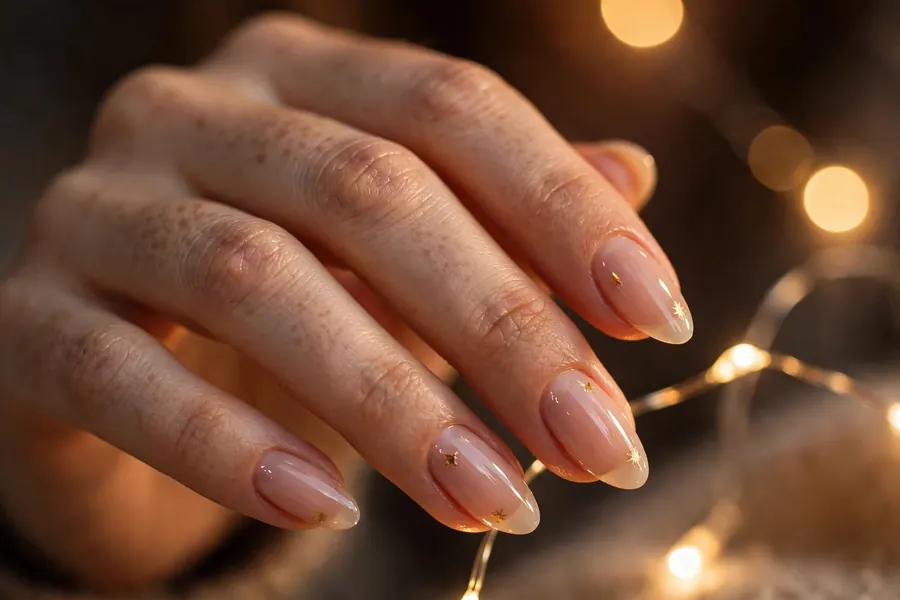 Sheer nude birthday nails with gold star decals