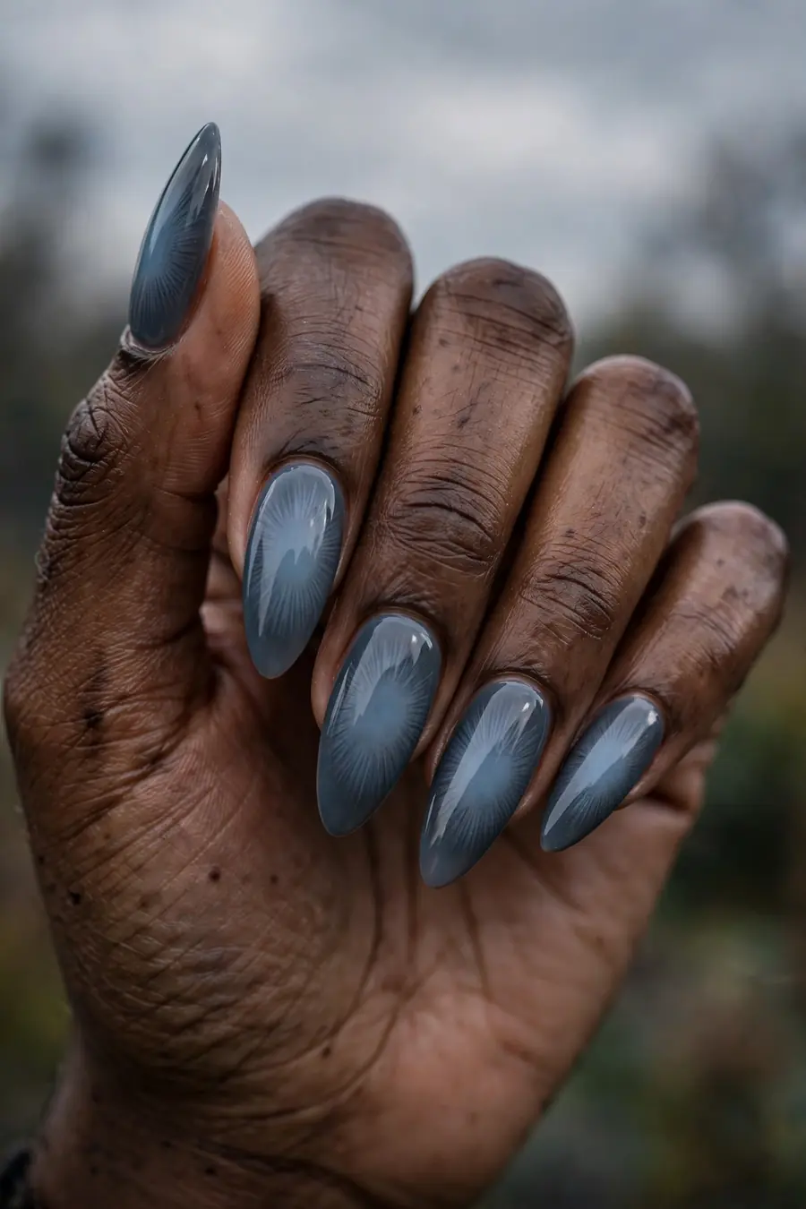 Storm cloud aura nails with slate grey and dusty blue gradients
