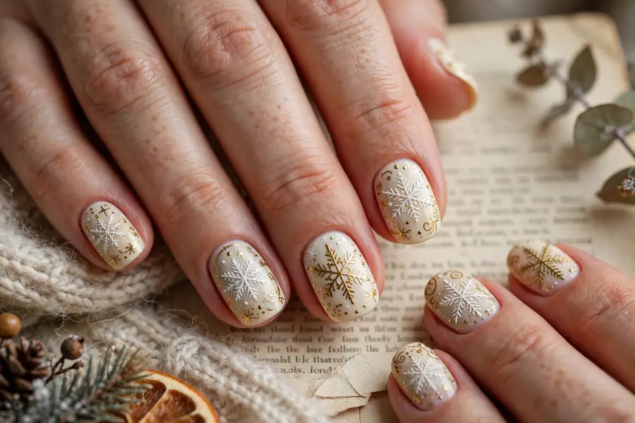 Cream nails with hand-painted white and gold snowflakes in vintage storybook style on real hands