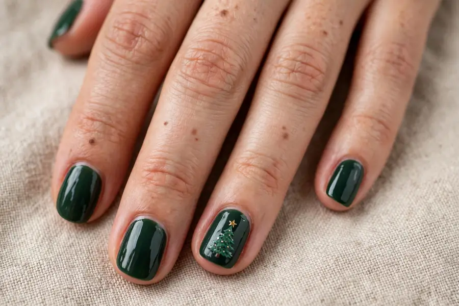 Evergreen nails with tiny Christmas tree accent nail on real hands