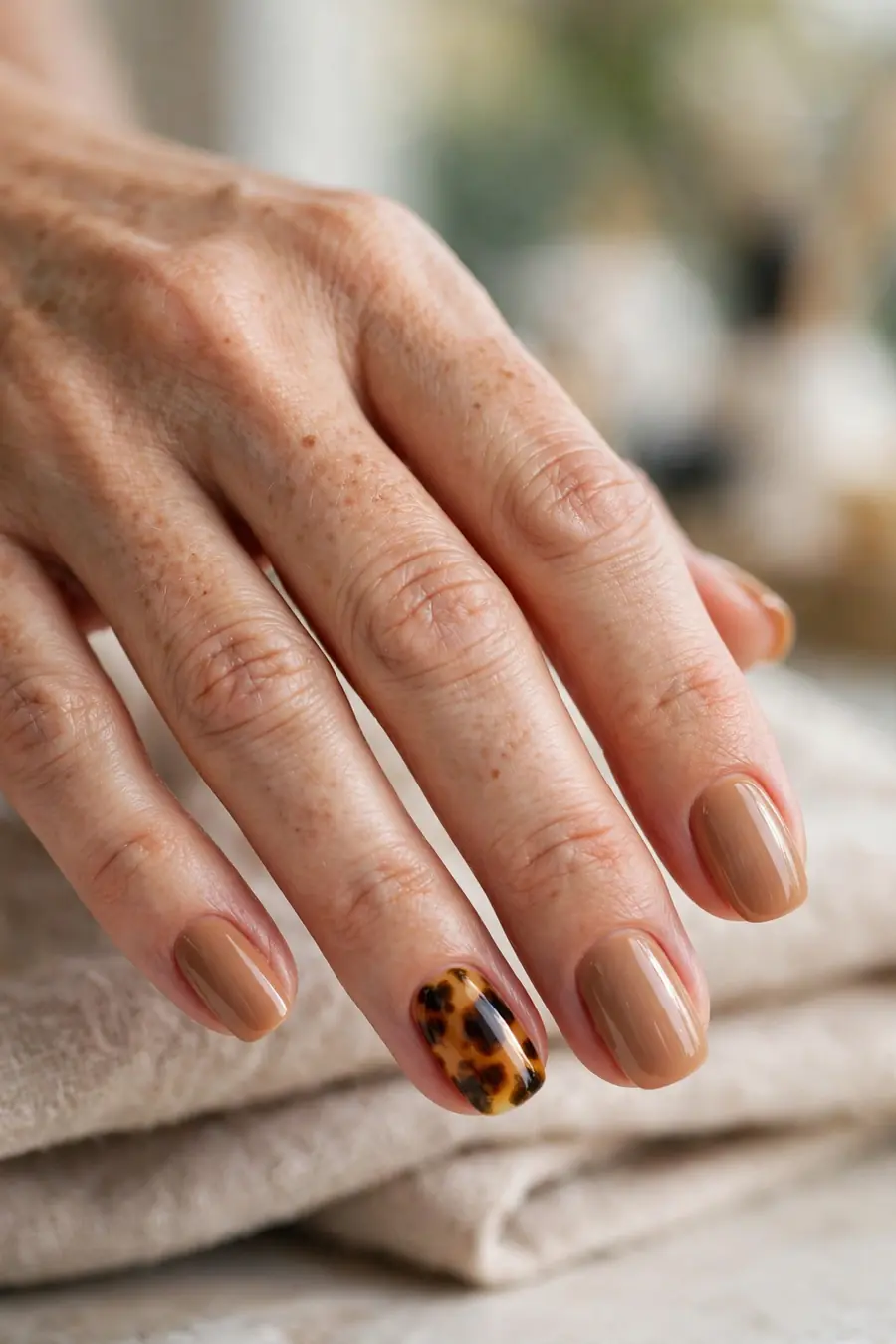 Caramel nude nails with a tortoiseshell accent nail