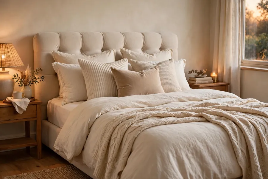 soft upholstered headboard with layered pillows in a cozy bedroom
