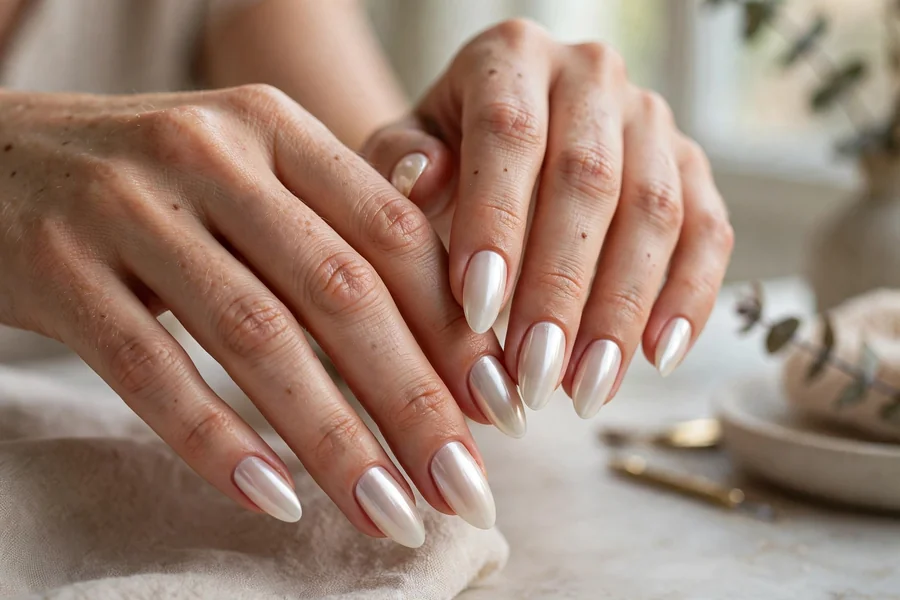 Vanilla milk chrome milky white chrome nails with a warm creamy finish