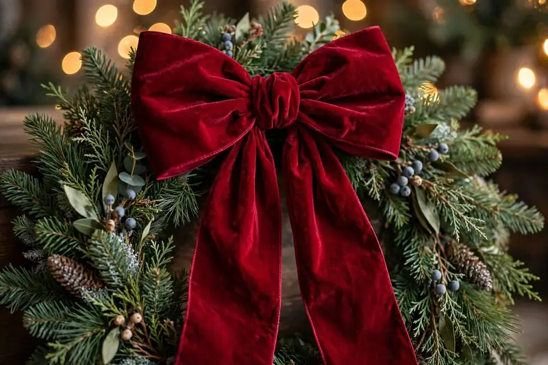 Large deep red velvet bow tied on a Christmas wreath and garland