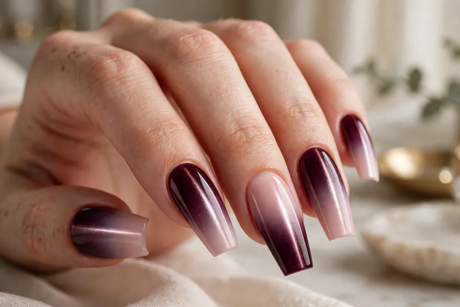 Coffin nails with wine-to-blush two tone cat eye nail polish, ombre magnetic effect
