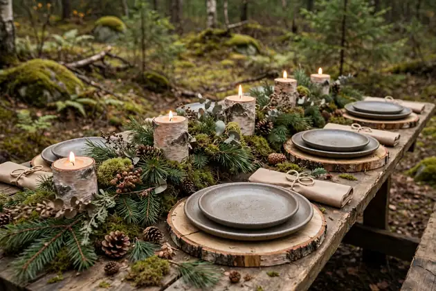Natural woodland christmas table with pinecones and birch candles