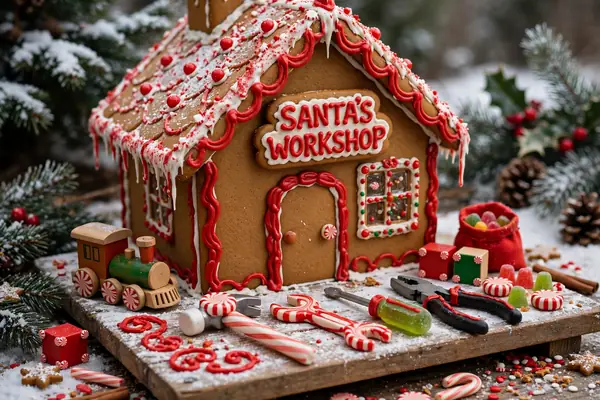 Photorealistic photograph of a gingerbread house styled as Santa workshop with candy tools, toys and red icing