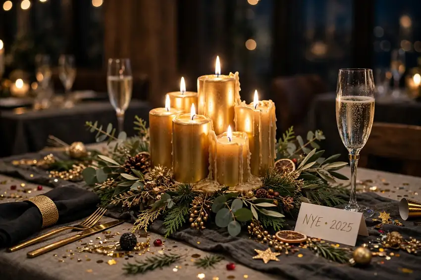 Gold candle cluster centerpieces glowing on a New Year's Eve table