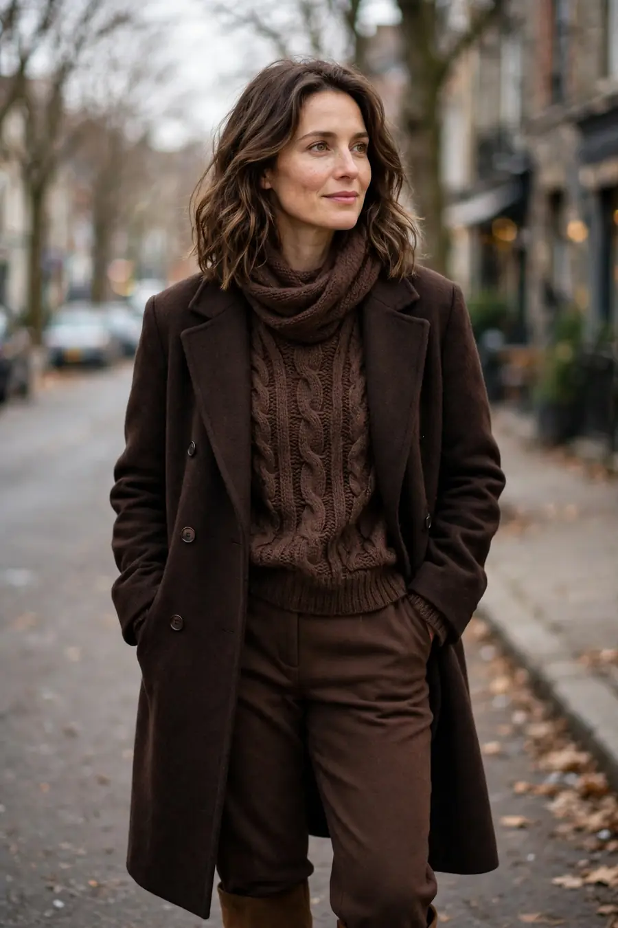 Woman in chocolate brown layered knit and trousers with a dark brown coat