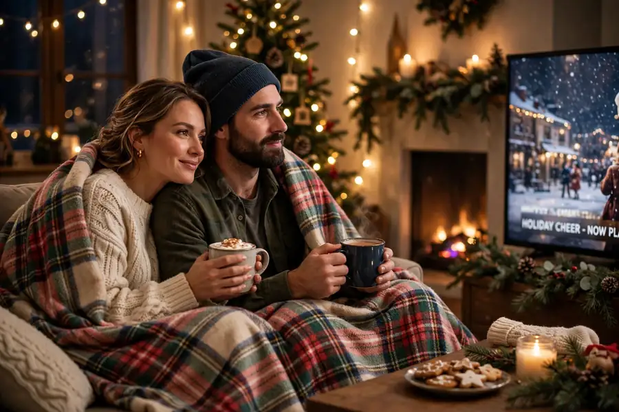 Couple sharing a blanket and hot drinks while watching a Christmas movie at home