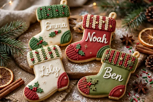 Christmas stocking cookies with names piped in icing and festive cuffs
