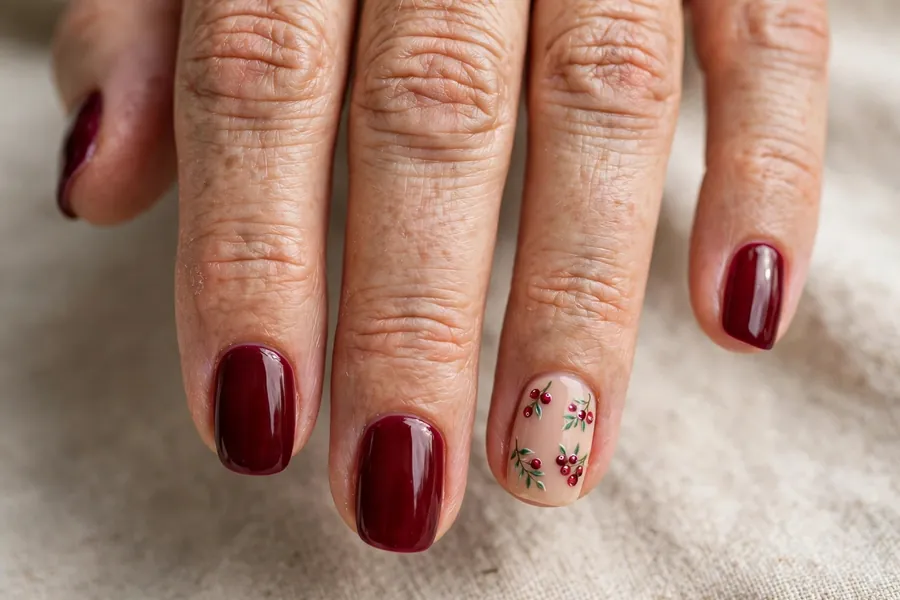 Cranberry nails with tiny hand painted berry sprig art