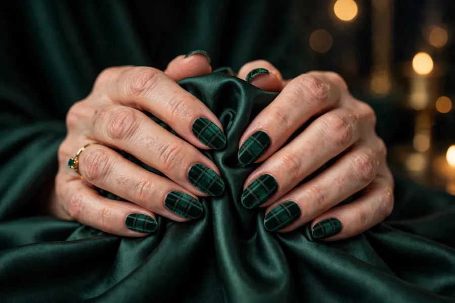 Emerald velvet matte plaid nails