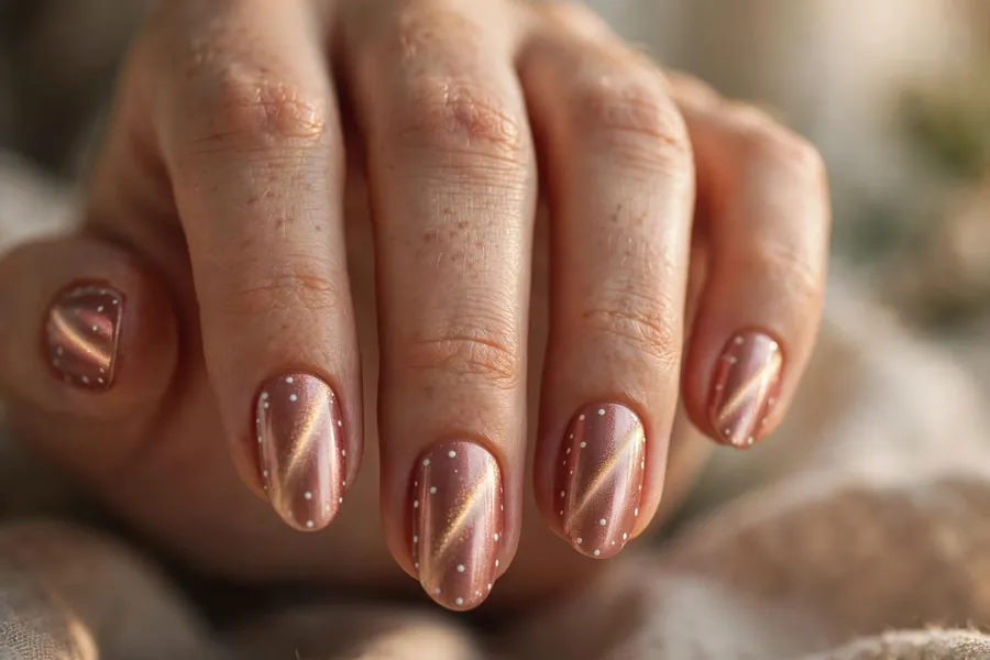 Almond rose-gold polka dot cat eye nails with white dots