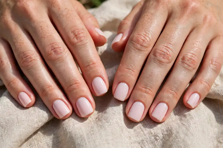 Baby blush short square nails on real hands with a pale pink manicure