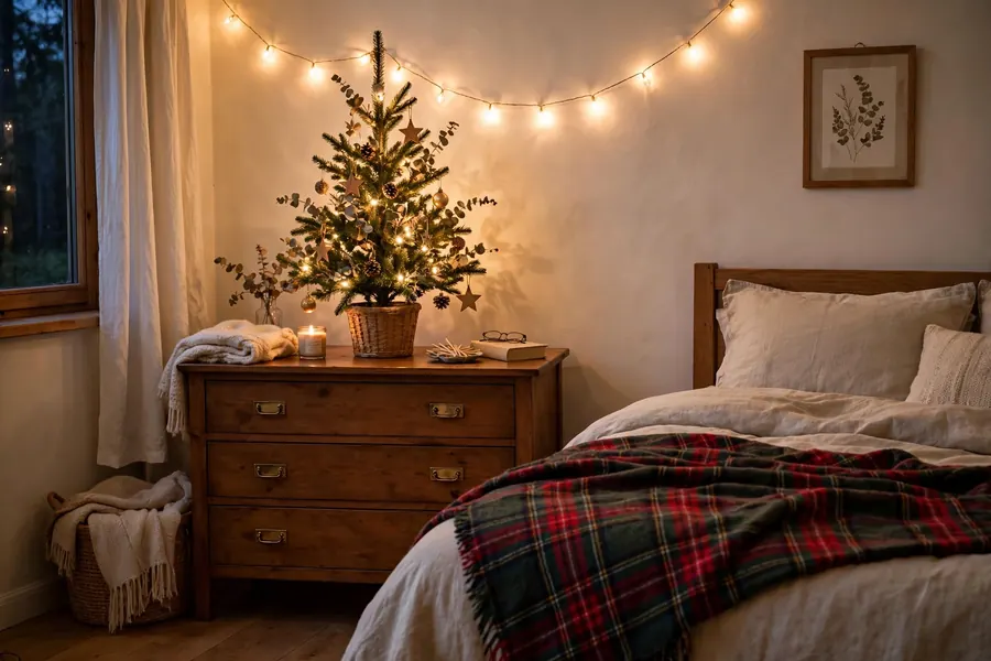 Cozy bedroom with a small Christmas tree, plaid bedding and soft warm lights