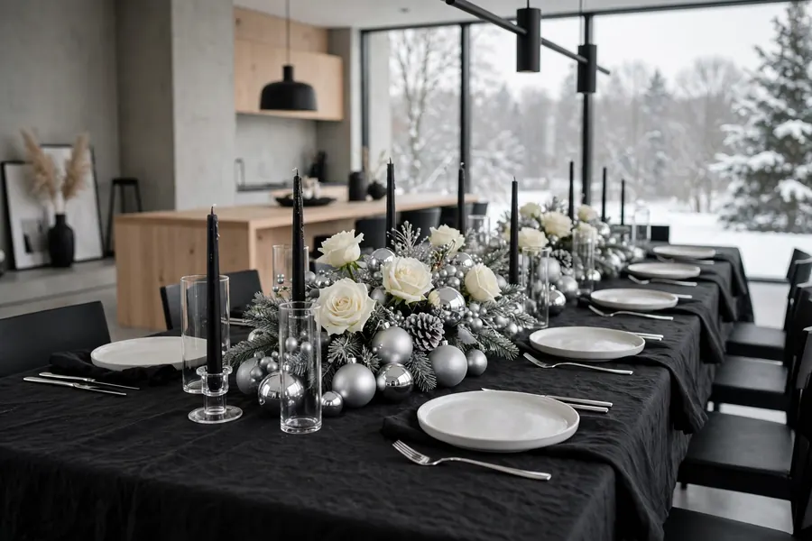Modern black and white christmas table setting with monochrome decor