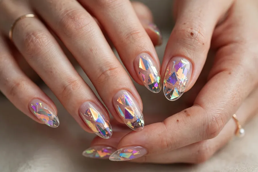 Broken glass iridescent foil nails on real hands