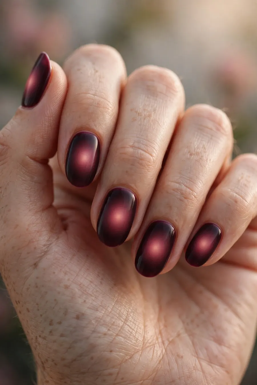 Aura nails with a burgundy cabernet glow