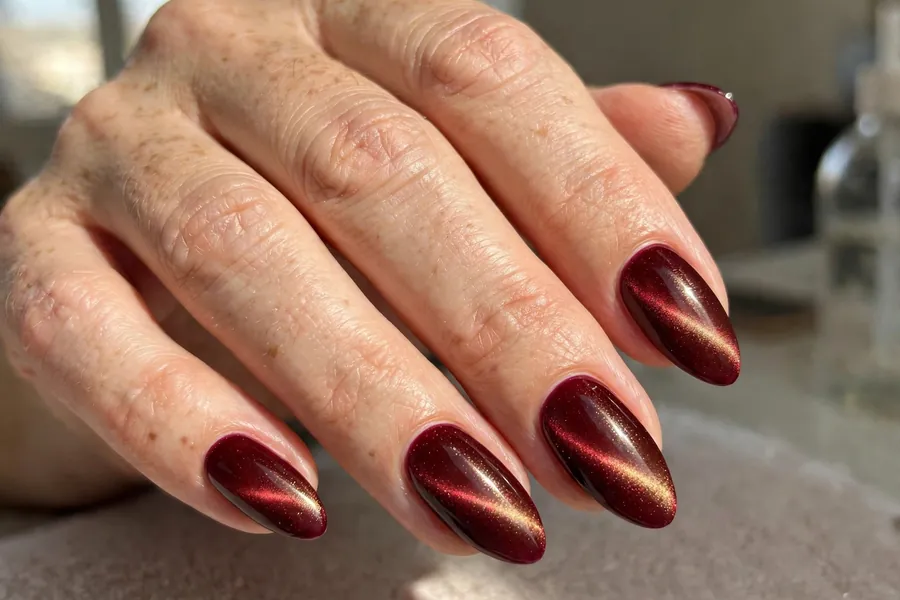 Burgundy wine cat-eye nails