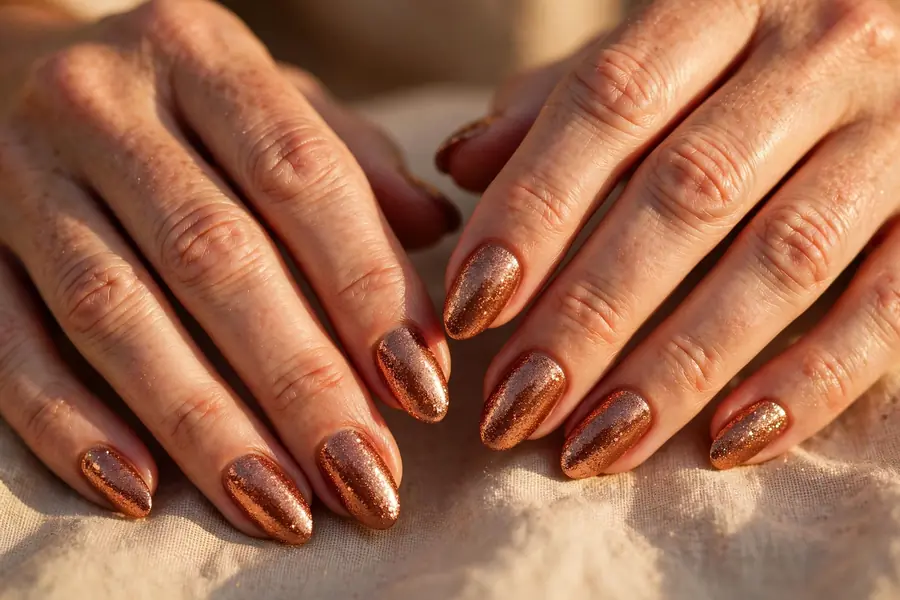 Copper bronze glitter nails on real hands in warm light