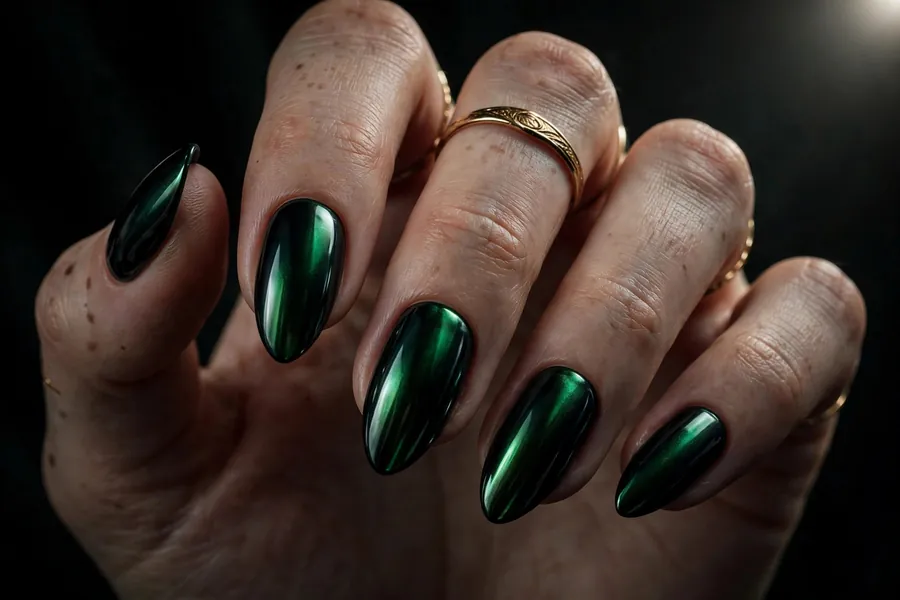 Dark emerald gothic chrome nails with jewel-toned glow