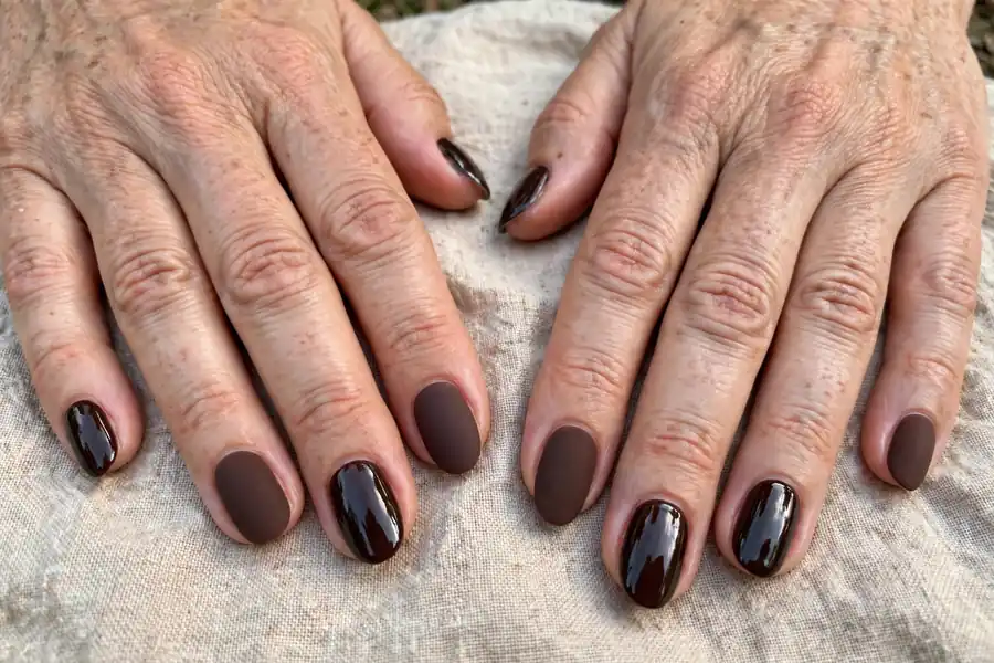 Glossy and matte double chocolate hot chocolate nails on real hands