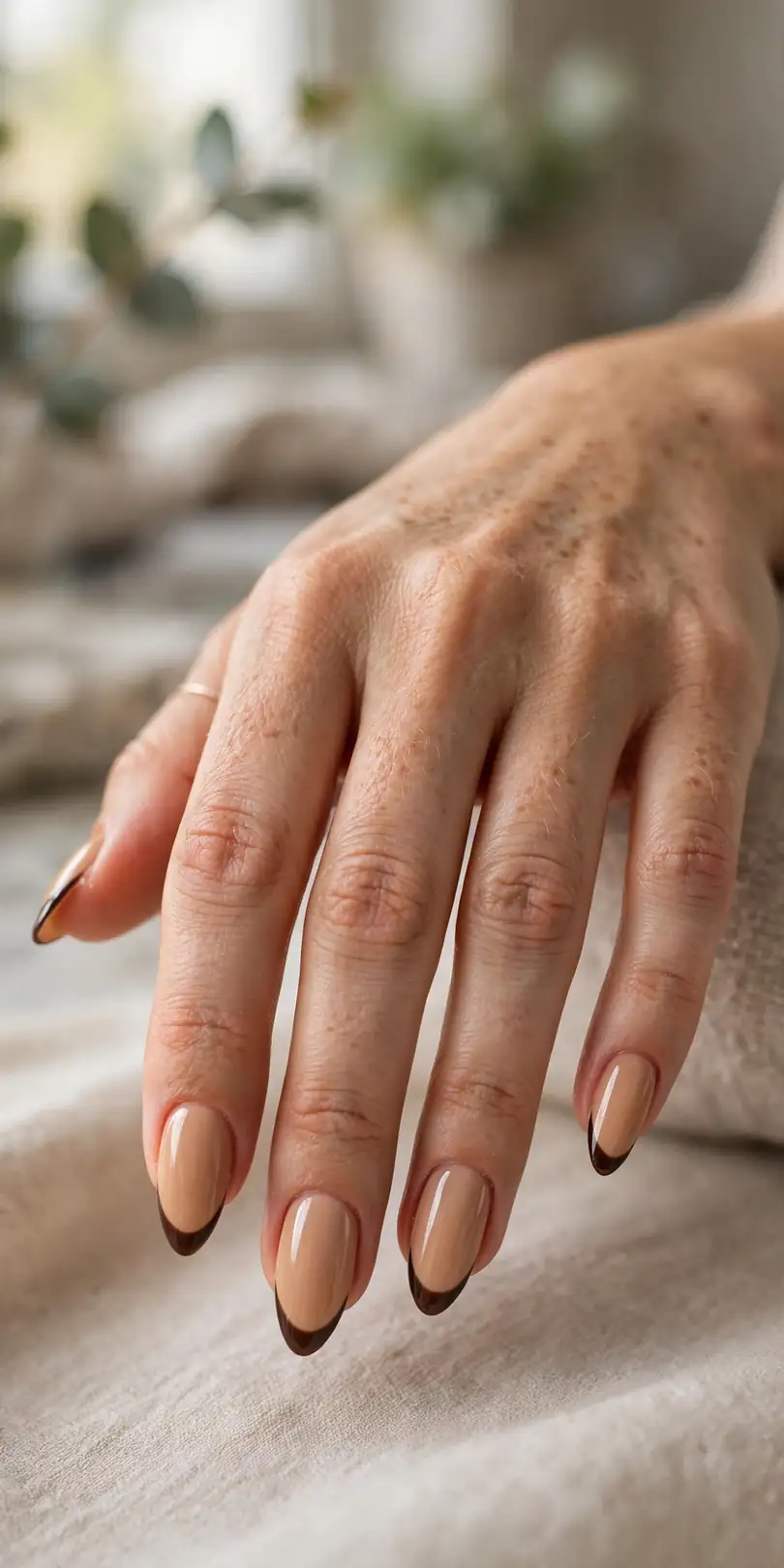 Caramel nude nails with dark espresso french tips