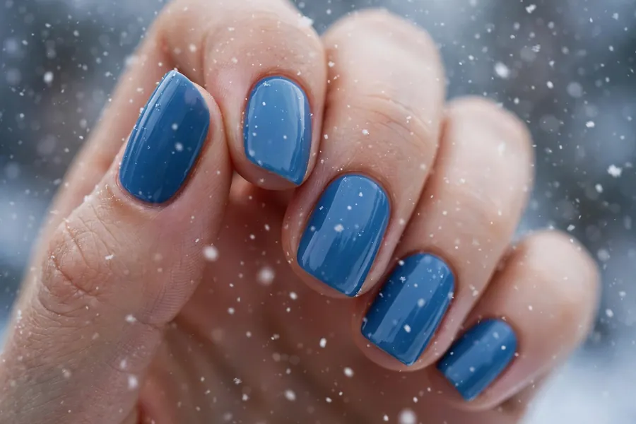 Blue nails with white falling snow dots