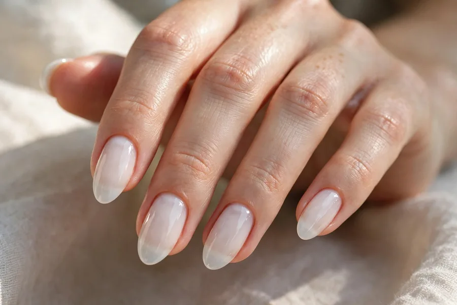 Real hand with sheer milky white lip gloss nails, frosted glossy finish