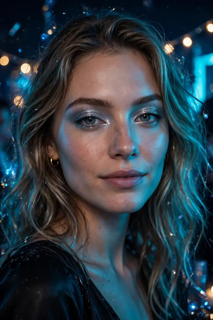Woman with frosted silver eyeshadow and a cool glow for New Year's Eve