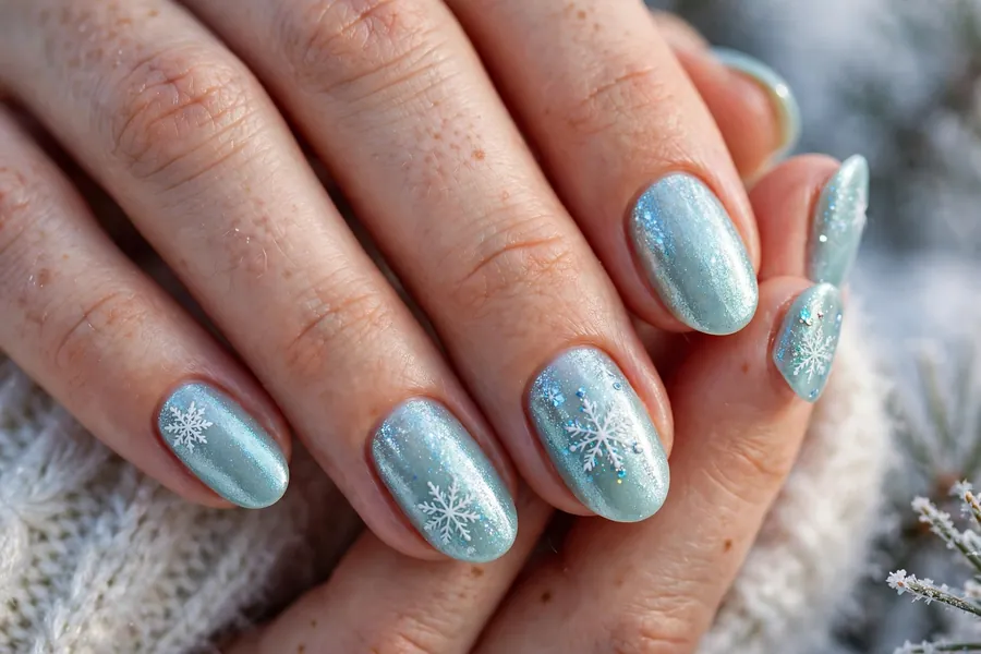 Pale aqua shimmer nails like a frozen lake with white snowflake nail art on real hands