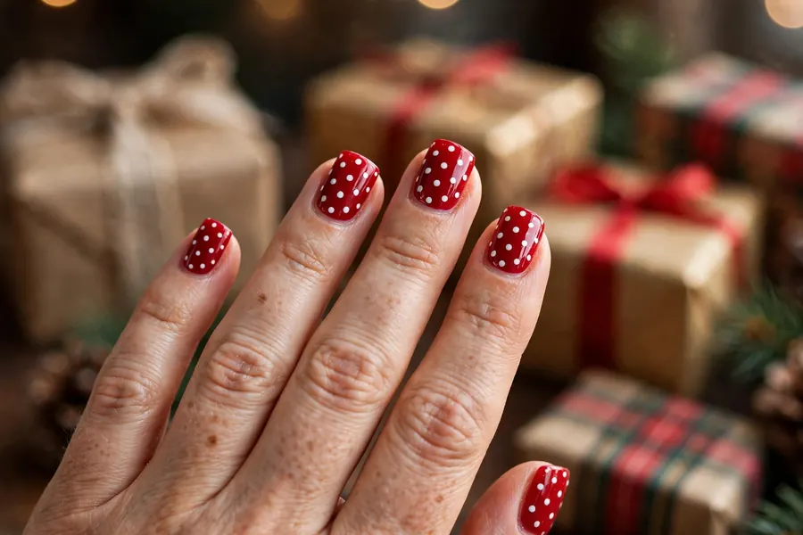 Red birthday nails with white polka dots like gift wrap