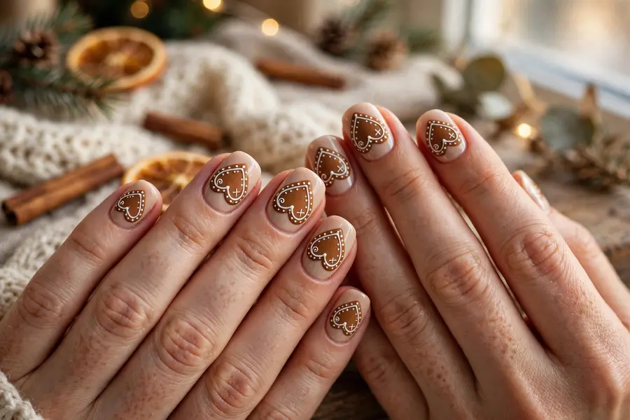 Gingerbread heart nails with brown hearts and white icing outlines on real hands