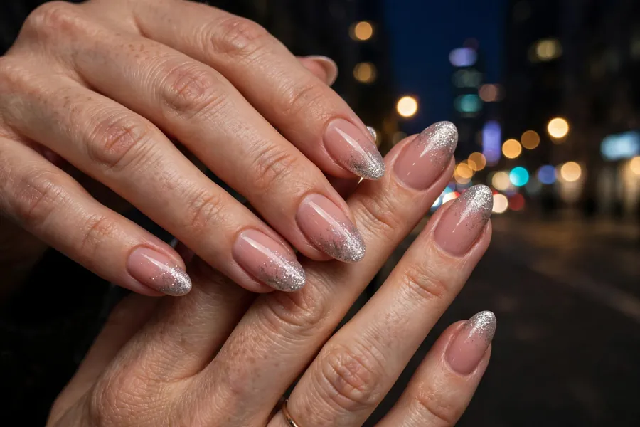 Nude pink date night nails with silver glitter fade on real hands under city lights