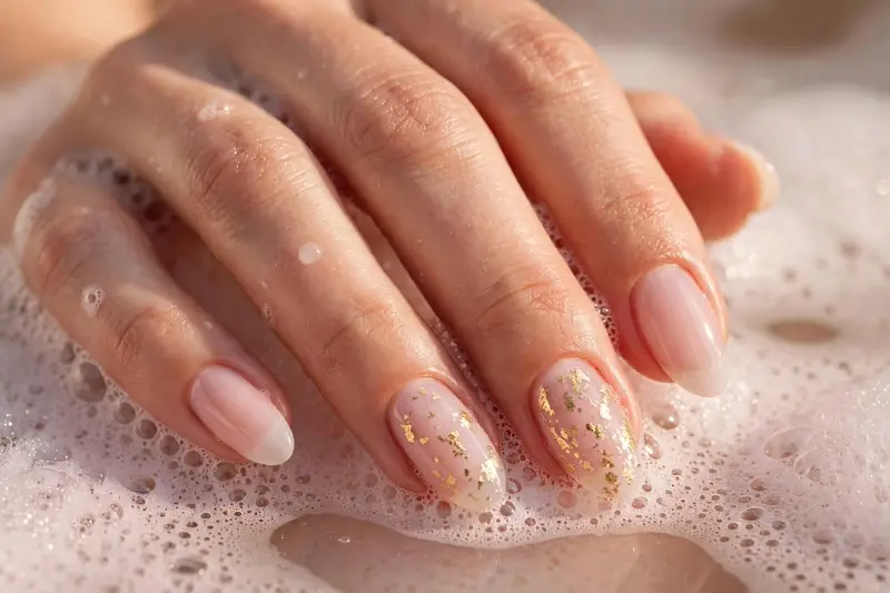 Bubble bath nails with tiny gold foil flecks on real hands