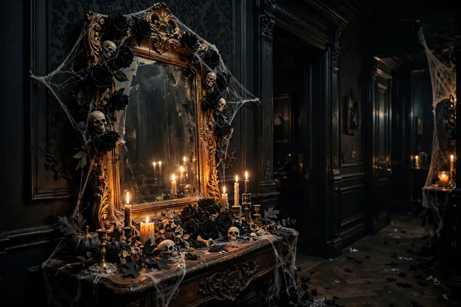 Haunted mirror selfie station with vintage gold frame, black roses, cobwebs and candles