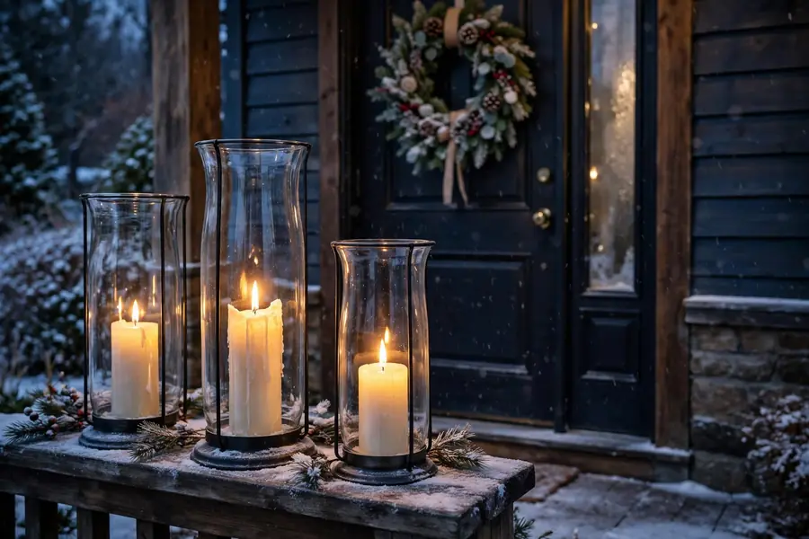 Photorealistic photograph of tall glass hurricane lanterns with glowing candles on a winter front porch at dusk