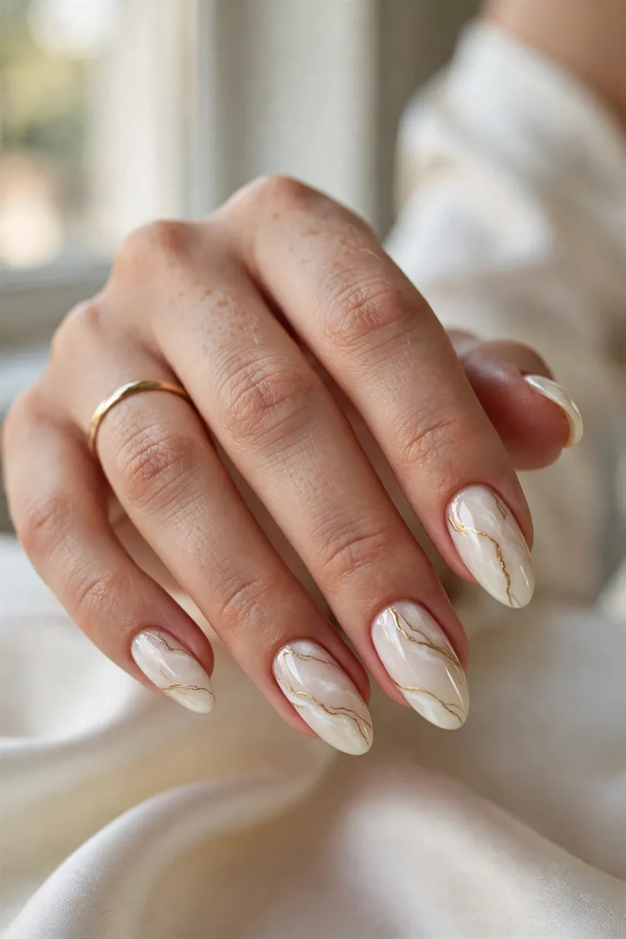Ivory marble bridal nails with delicate gold veining
