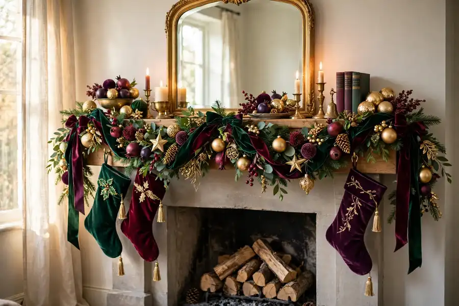 Jewel tone Christmas mantel in emerald burgundy and gold